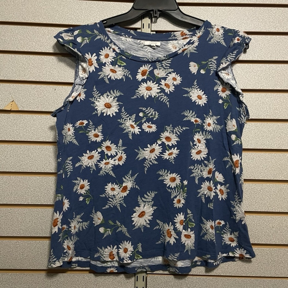 Maurices‎ XL Blue Floral Daisies Short Sleeve Too Shirt Ruffle Sleeves